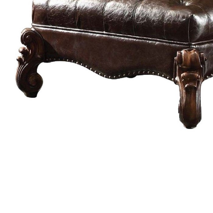 Leatherette Ottoman with Button Tufting and Nailhead Trim Details, Brown