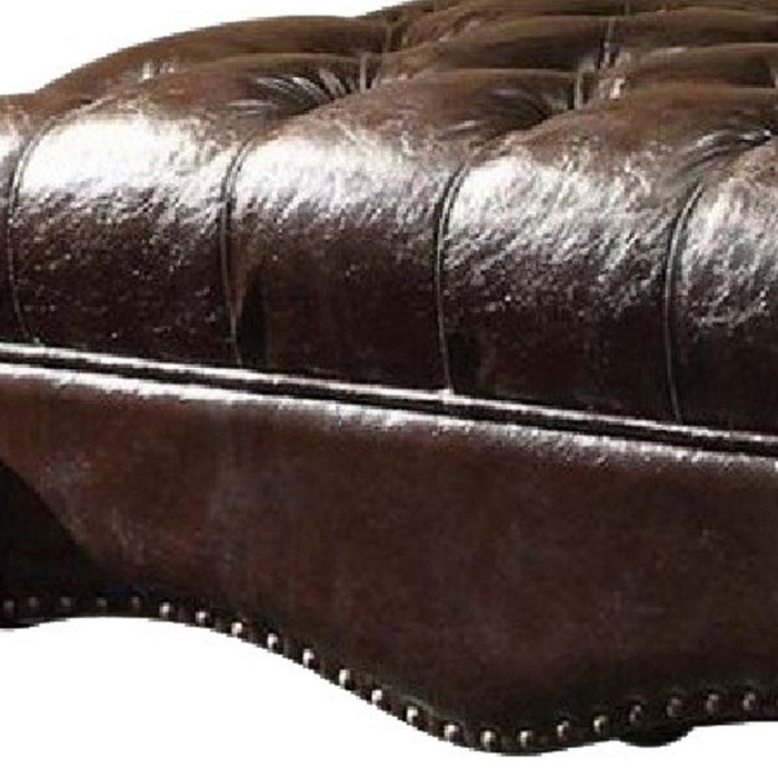 Leatherette Ottoman with Button Tufting and Nailhead Trim Details, Brown