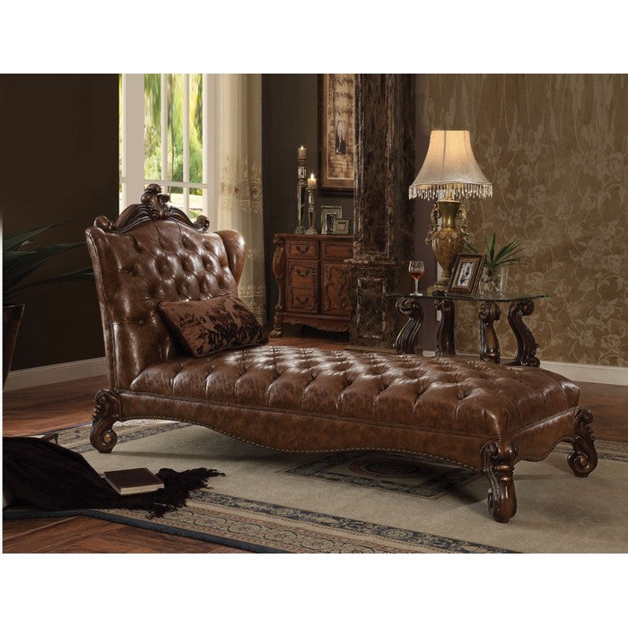 Wooden Chaise with 1 Pillow, 2-Tone Light Brown PU & Cherry Oak