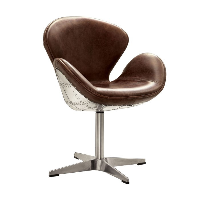 Top Grain Leather Accent Chair with Swivel, Brown & Silver