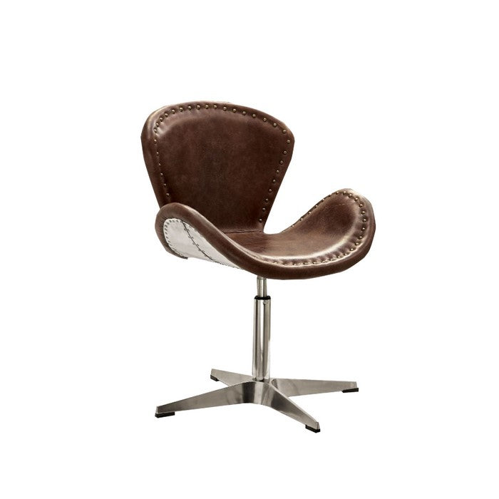 Metal Swivel Accent Chair with Curved Leatherette Seat, Brown and Silver