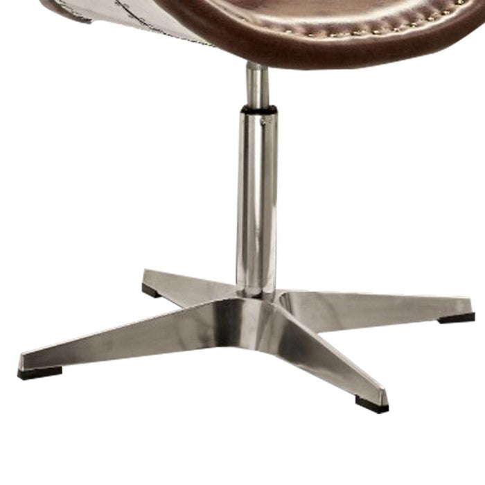 Metal Swivel Accent Chair with Curved Leatherette Seat, Brown and Silver