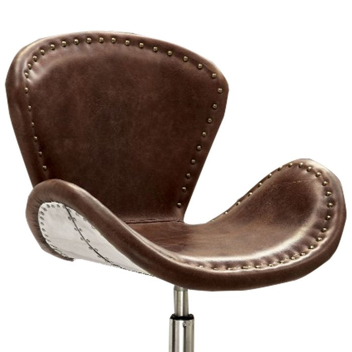 Metal Swivel Accent Chair with Curved Leatherette Seat, Brown and Silver