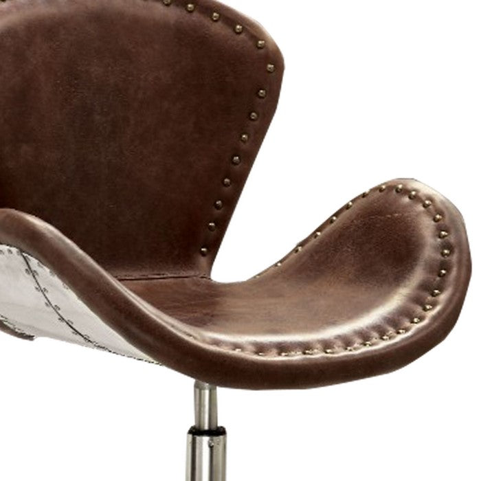 Metal Swivel Accent Chair with Curved Leatherette Seat, Brown and Silver