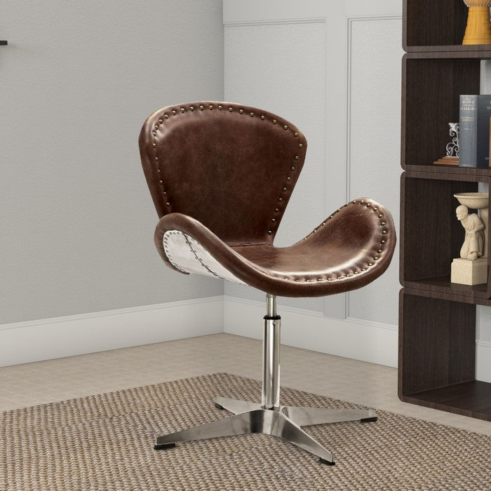 Metal Swivel Accent Chair with Curved Leatherette Seat, Brown and Silver
