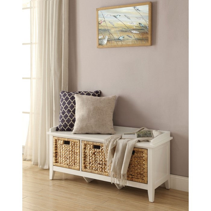 Rectangular Wooden Bench with Three Storage Baskets, White and Beige