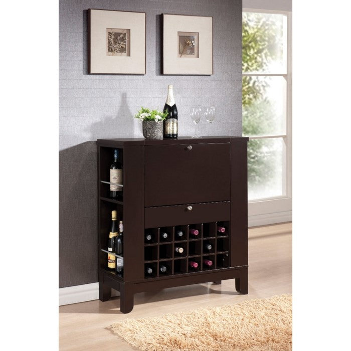 Wooden Wine Cabinet with Drawer and Multiple Cubbies, Dark Brown