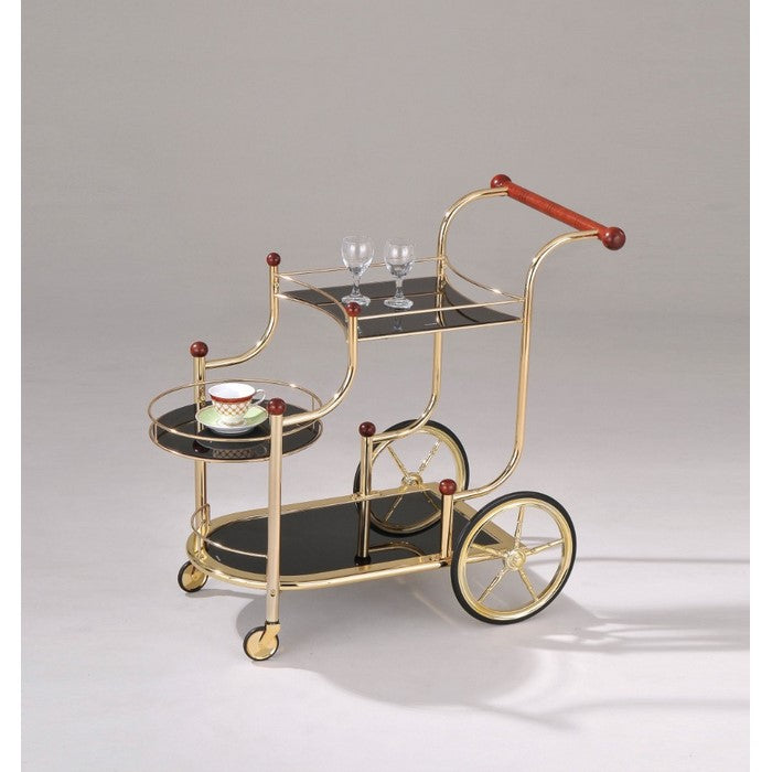 Astonishing Serving Cart, Golden Plated, Cherry Wood & Black Glass