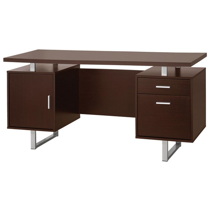 Double Pedestal Office Desk With Metal Sled Legs, Brown