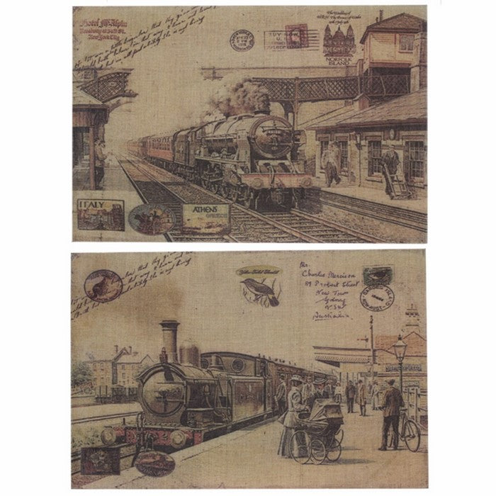 Burlap Train WallDecor, Beige, Set Of 2