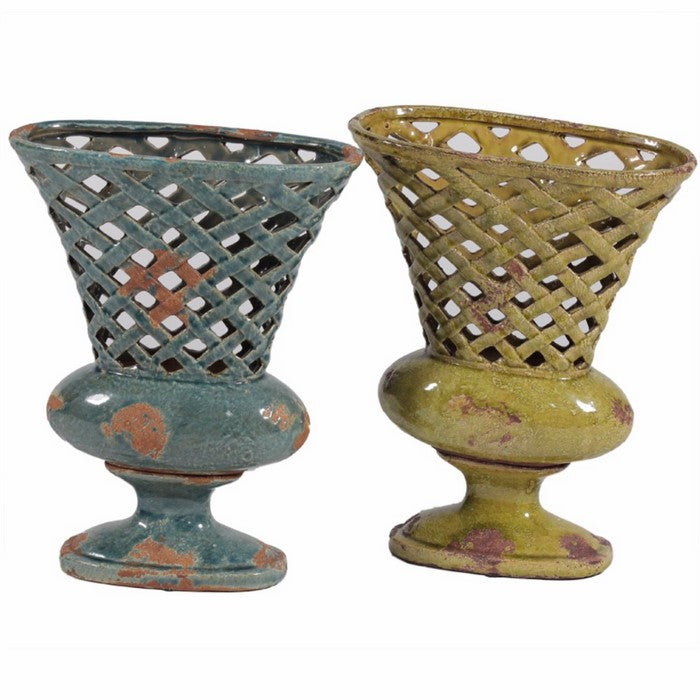 Ceramic Vase With Handle, Blue And Green, Assortment Of 2