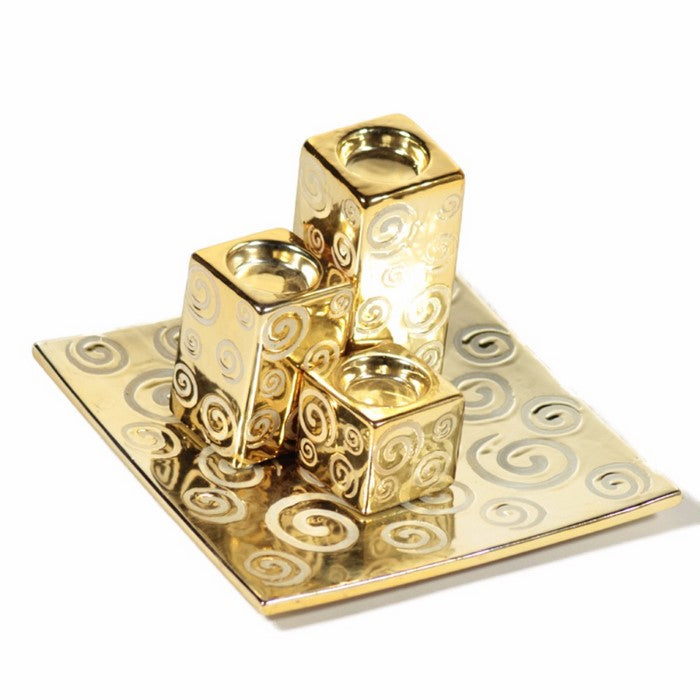 Ceramic Platter With Candle Holder, Gold