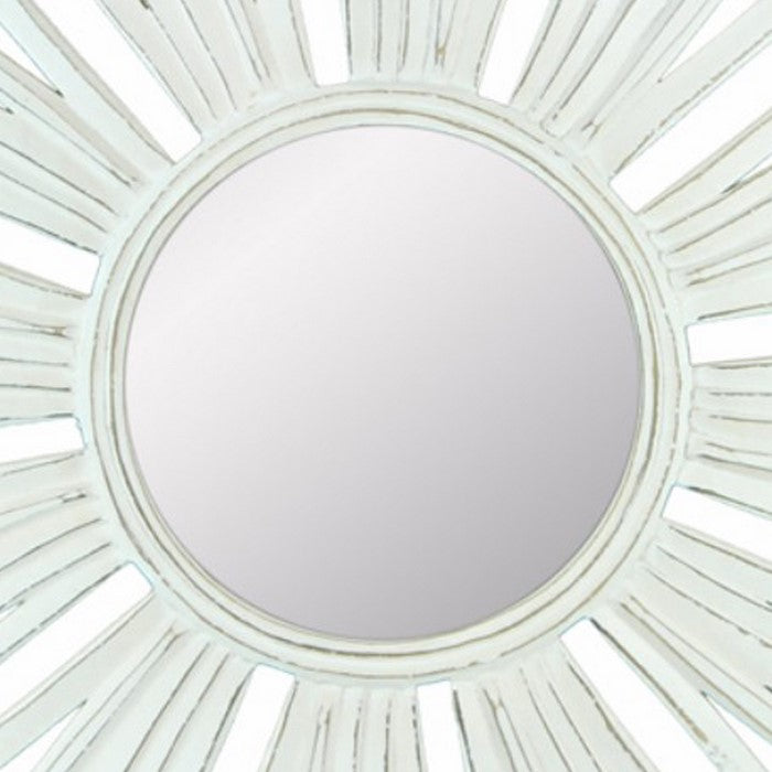 Sun Burst Pattern Wooden Framed Mirror, White