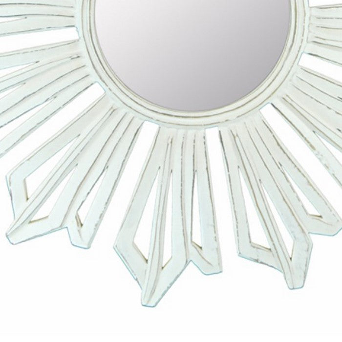 Sun Burst Pattern Wooden Framed Mirror, White