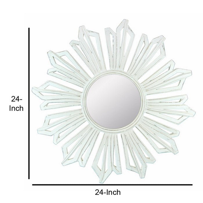Sun Burst Pattern Wooden Framed Mirror, White