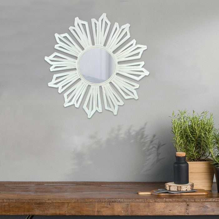 Sun Burst Pattern Wooden Framed Mirror, White