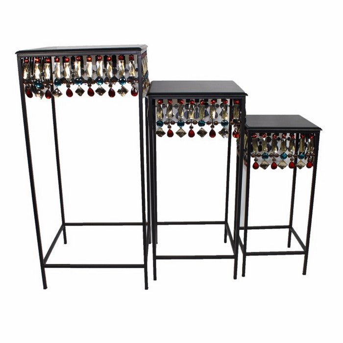 Metallic Accent Table Set , Black, Set Of 3