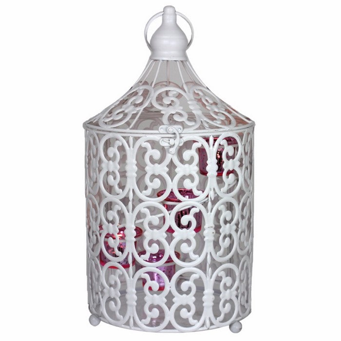 Metal Bird Caged Lantern,White/Pink