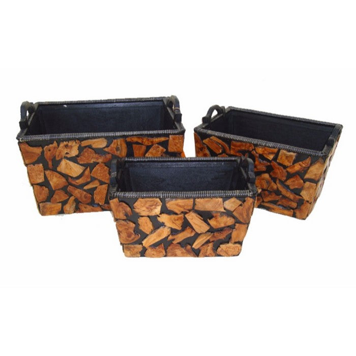 Set Of Three Wooden Planter, Brown And Black