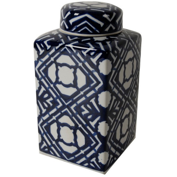 Square Shaped Ceramic Lidded Jar, Blue and white