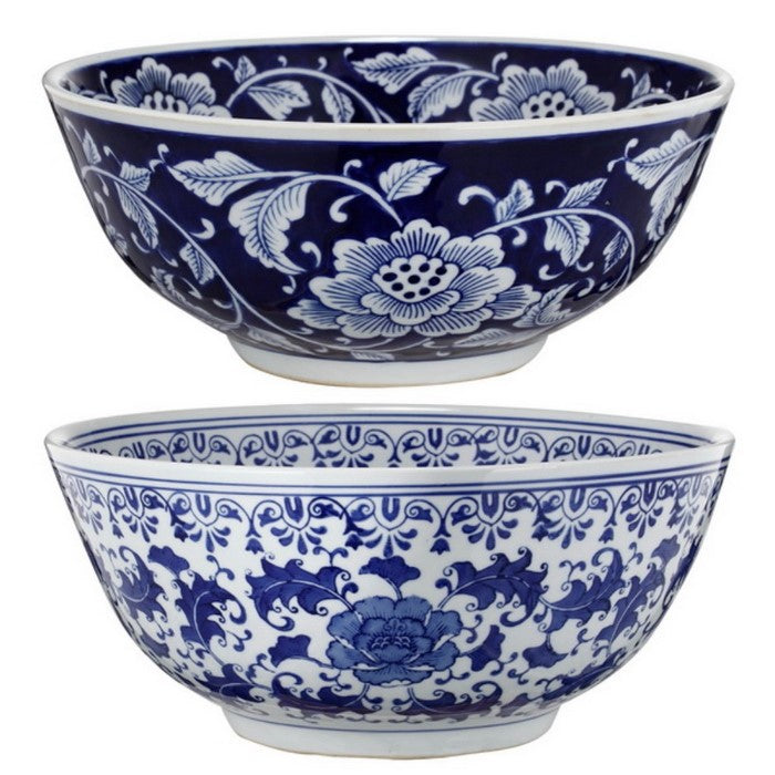 Round Ceramic Bowl with Floral Print, Set of 2, Blue And White,