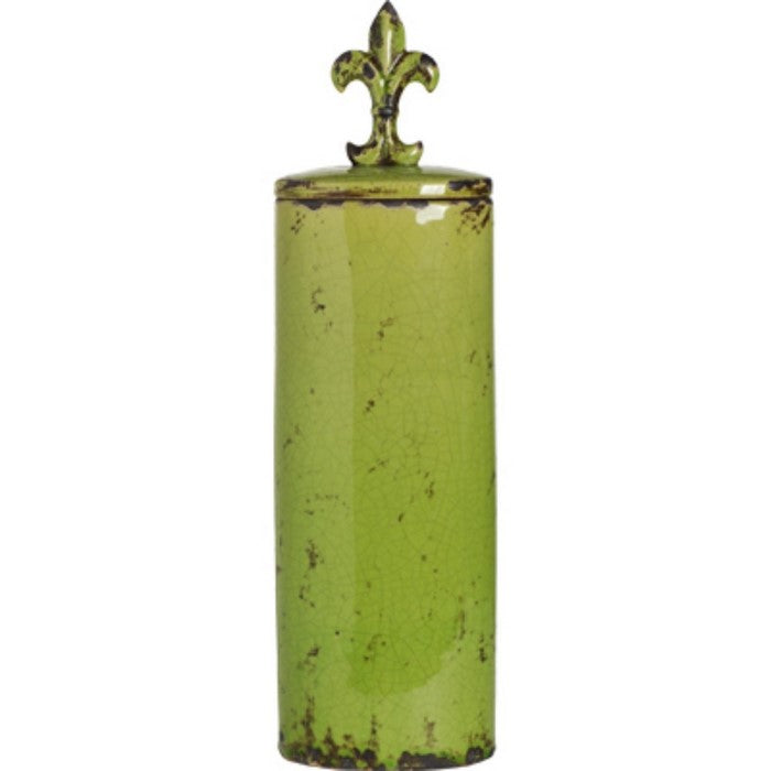 Tall Round Ceramic Jar with Fleur-de-lis Finial, Green