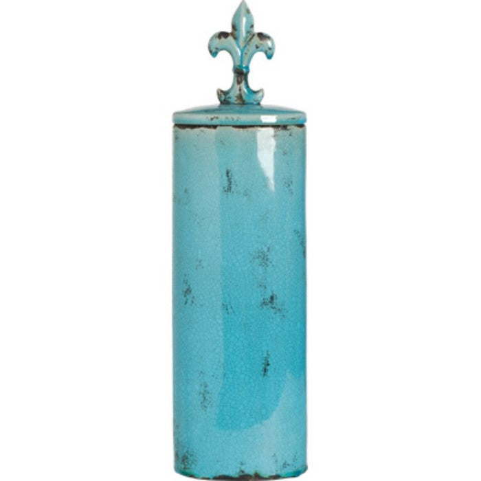 TallDecorative Ceramic Jar with Fleur-de-lis Finial, Blue