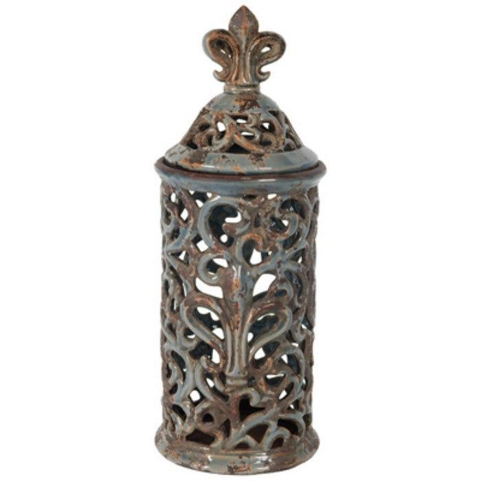 TallDecorative Ceramic Jar with Fleur-de-lis Finial, Blue