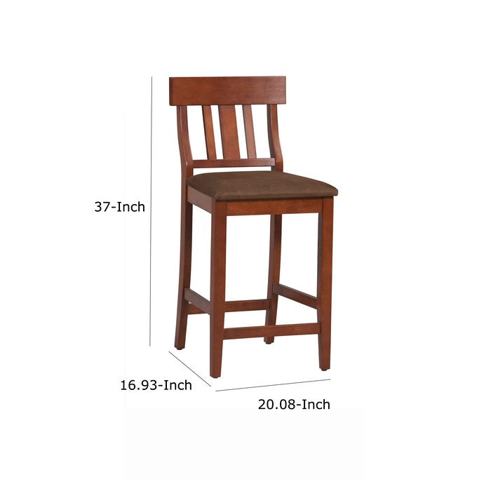 Wooden Counter Stool with Slatted Backrest and Cushioned Seat, Brown
