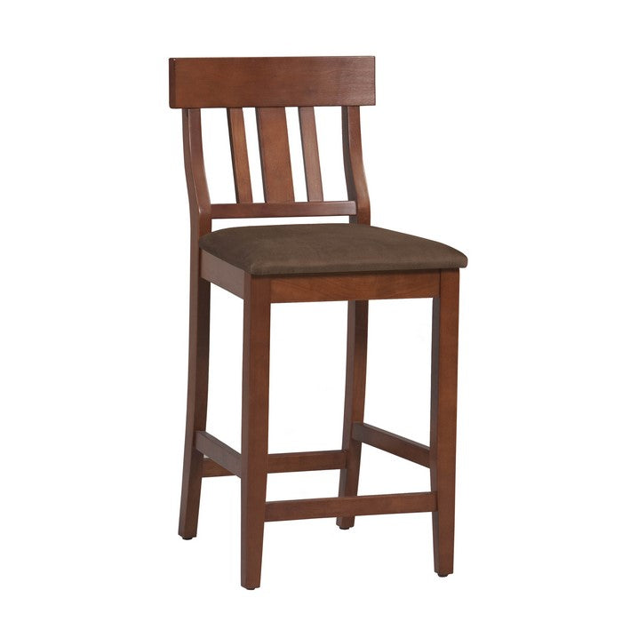 Wooden Bar Stool with Slatted Backrest and Cushioned Seat, Brown