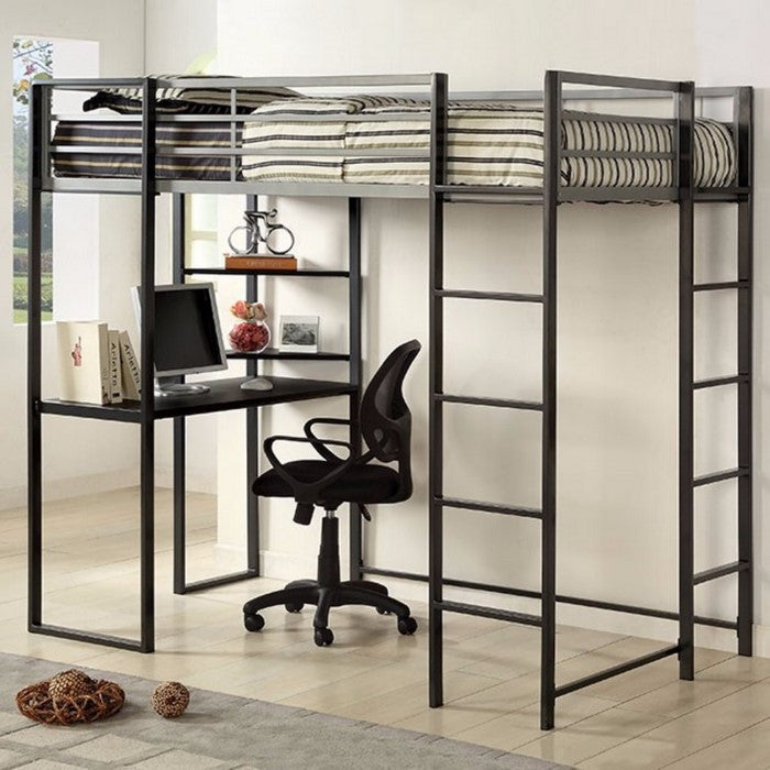 Metal Twin Size Bed With Work Station, Black