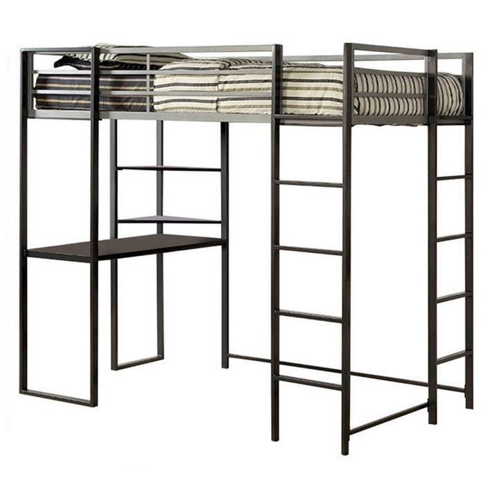 Metal Twin Size Bed With Work Station, Black