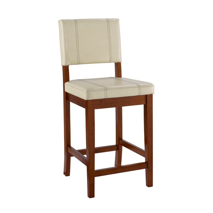 Wooden Counter Stool with Cushioned Seat and Backrest, Cream and Brown