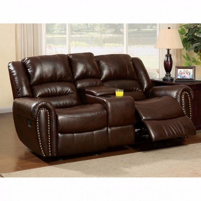 Leather Loveseat Recliner with Center Console, Dark Brown