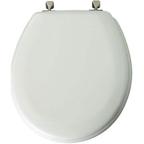 Mayfair Molded Wood Toilet Seat with STA-TITE Seat Fastening System and Brushed Nickel Hinges, Round, White, 44BNA 000