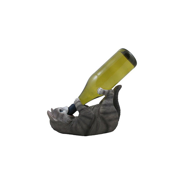 Funny Gray Kitty Cat Wine Bottle Holder Sculpture for Unique Tabletop Wine Racks & Stands or Feline Statues and Animal Figurines As Holiday Gifts for Pet Owners