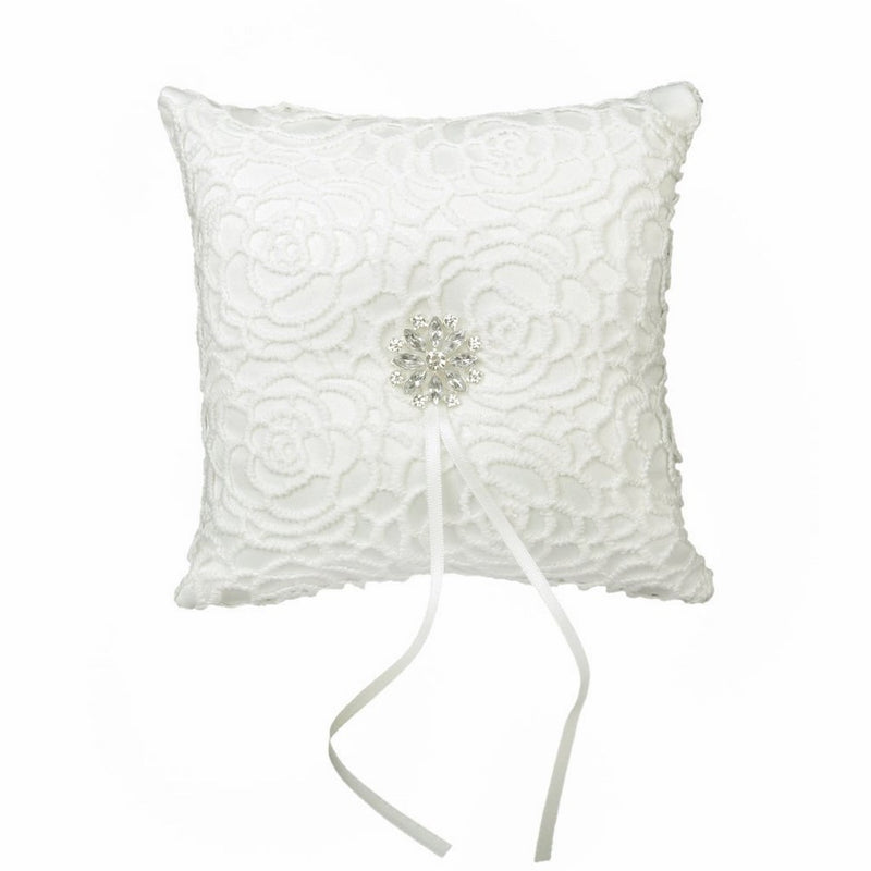 CJESLNA Wedding Ring Satin Diamante Flower Pillow, 15cmx15cm, White