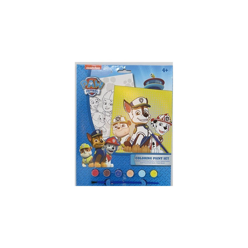 Paw Patrol Coloring Paint Set includes: 2 coloring sheets, 6 water based paints, and 1 paint brush