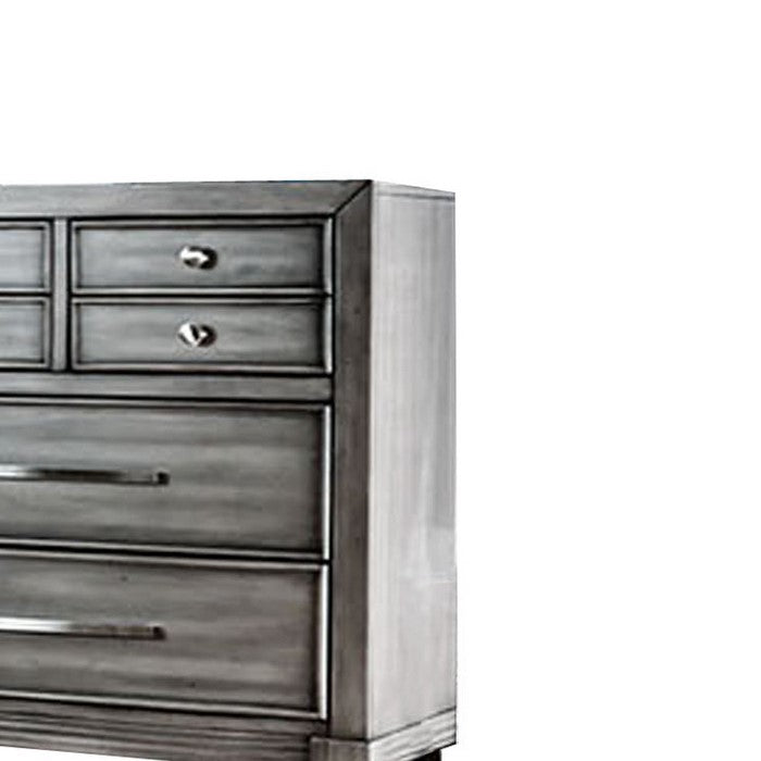 Spacious 8 Drawer Wooden Dresser with Metal Pulls, Gray and Silver