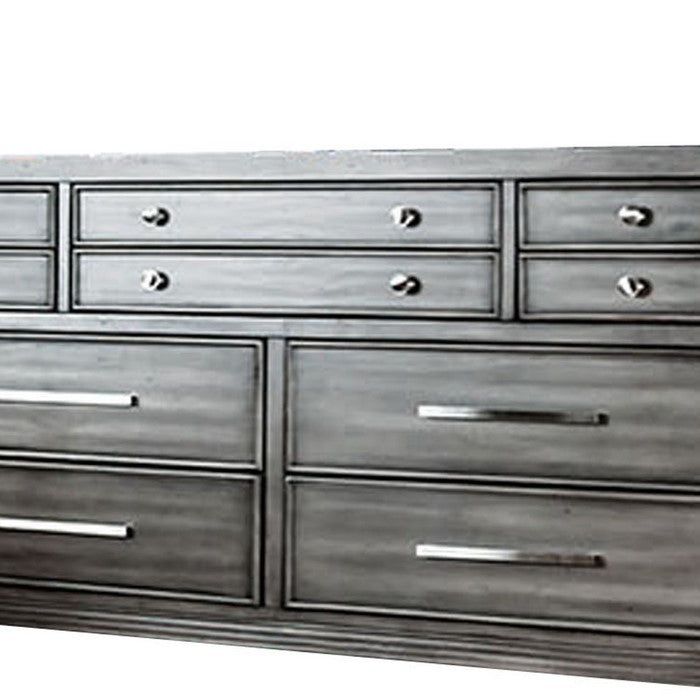 Spacious 8 Drawer Wooden Dresser with Metal Pulls, Gray and Silver