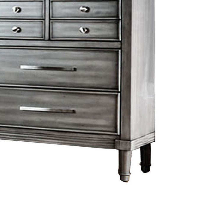 Spacious 8 Drawer Wooden Dresser with Metal Pulls, Gray and Silver