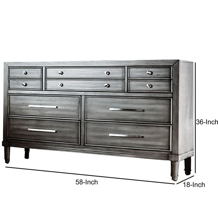 Spacious 8 Drawer Wooden Dresser with Metal Pulls, Gray and Silver