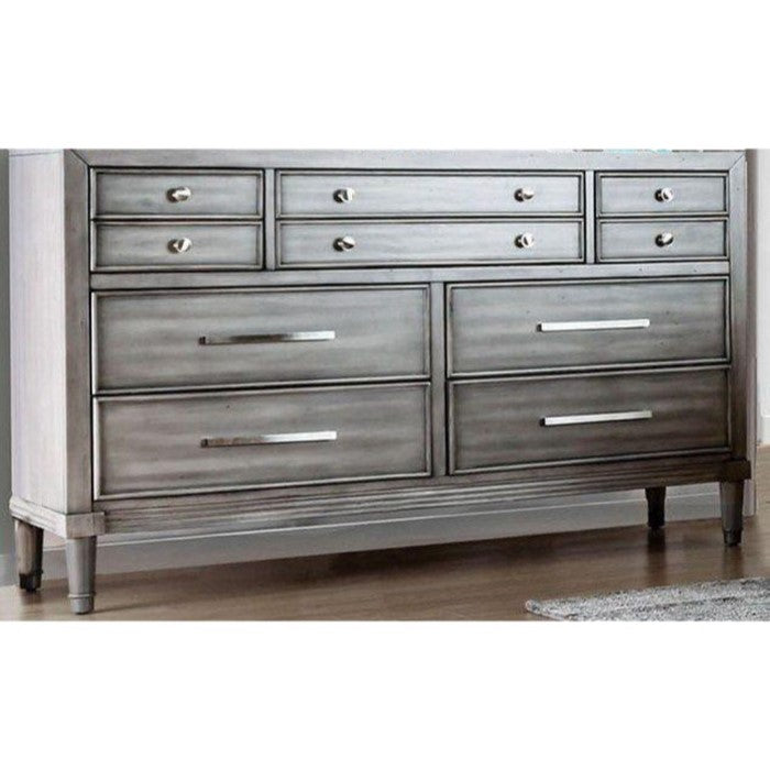 Spacious 8 Drawer Wooden Dresser with Metal Pulls, Gray and Silver