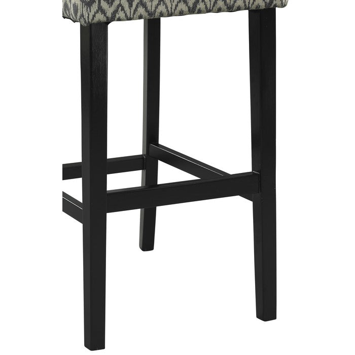 Wooden Counter Stool with Ikat Design Fabric Upholstery,Black and White