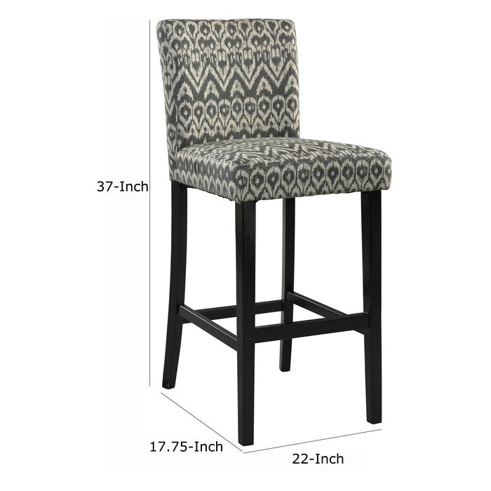 Wooden Counter Stool with Ikat Design Fabric Upholstery,Black and White