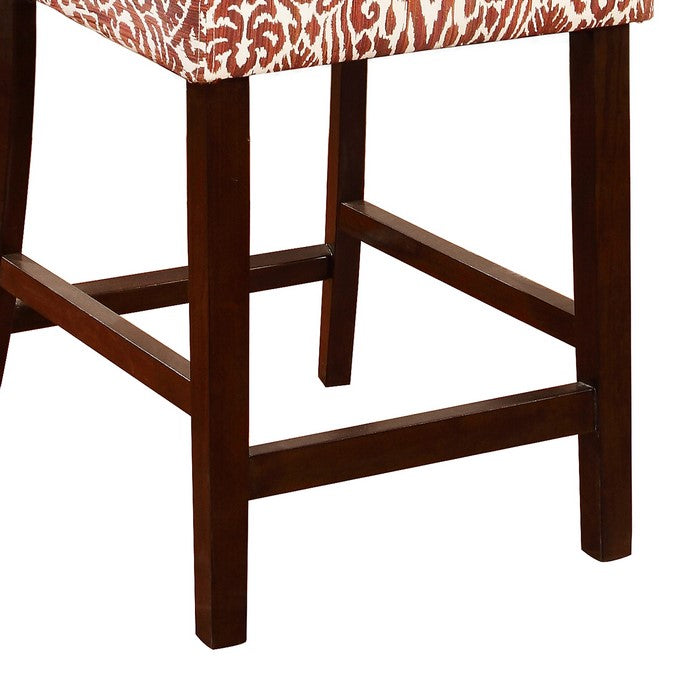 Wooden Counter Stool with Patterned Fabric Upholstery, Red and White