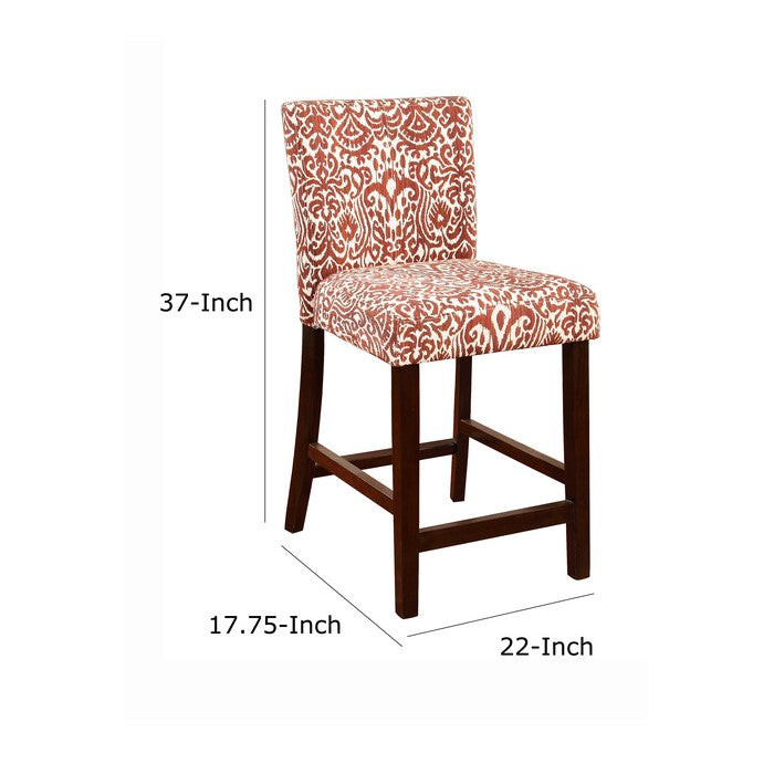 Wooden Counter Stool with Patterned Fabric Upholstery, Red and White