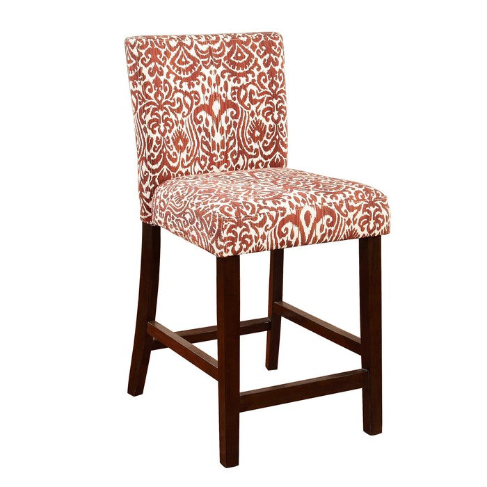 Wooden Counter Stool with Patterned Fabric Upholstery, Red and White