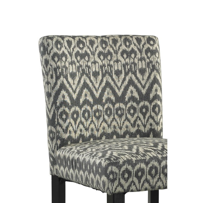 Wooden Bar Stool with Ikat Design Fabric Upholstery, Black and White