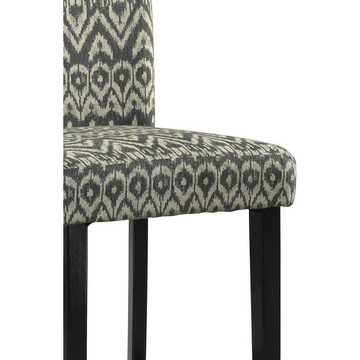 Wooden Bar Stool with Ikat Design Fabric Upholstery, Black and White